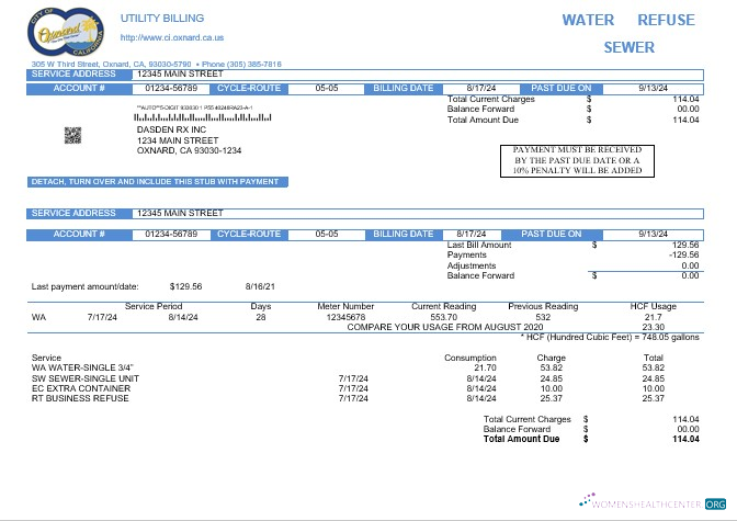 USA California City of Oxnard business utility bill template in Word and PDF formats